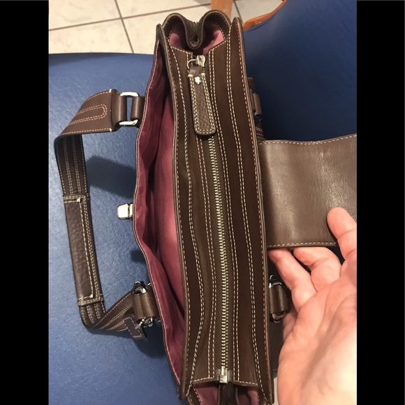 Coach brown with white stitching pebble leather turnlock/zip closure satchel - Picture 9 of 17